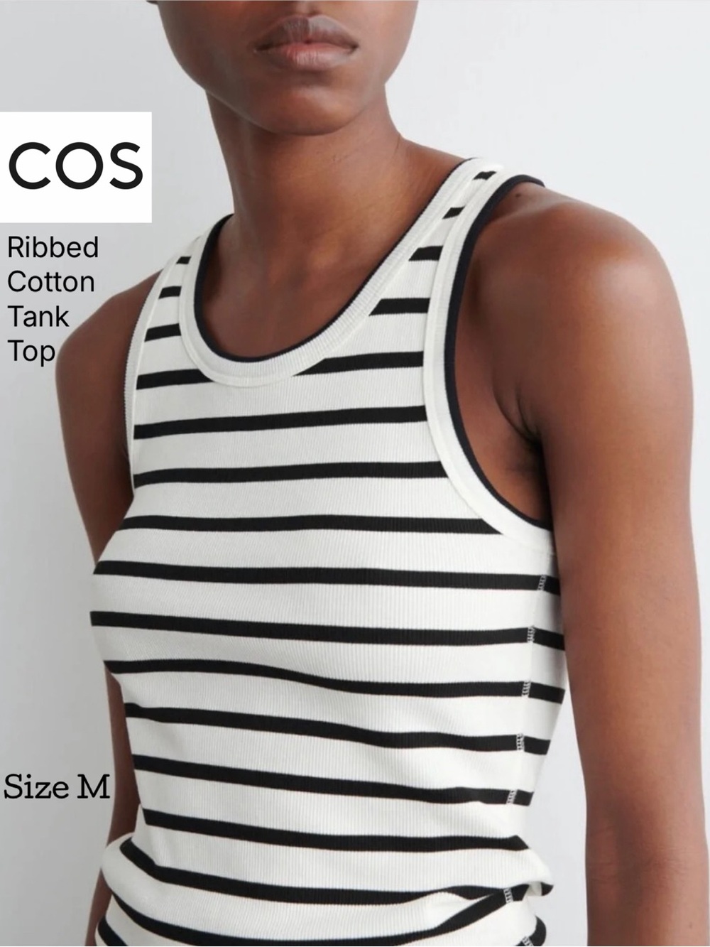 COS ribbed cotton tank top in black and white stripes Size Medium.